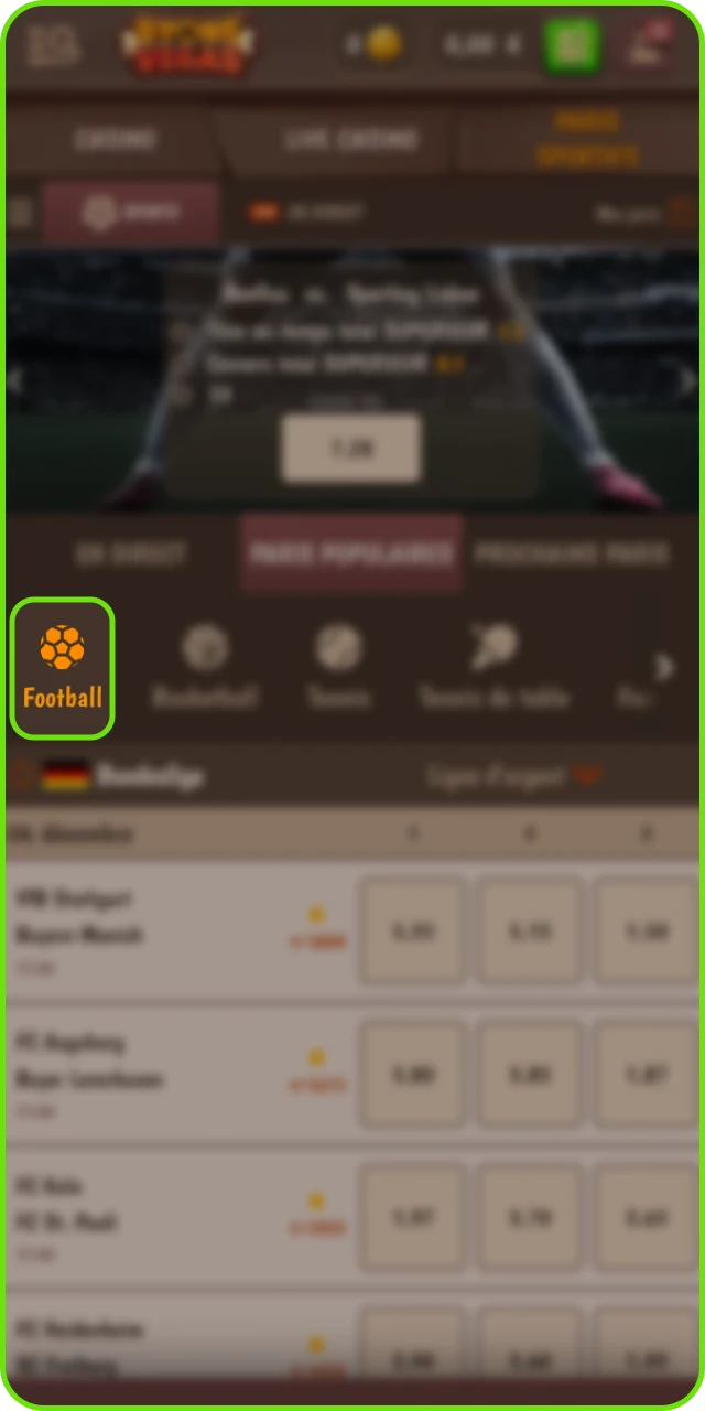 Accès à la rubrique Sports Stonevegas et sélection du football.