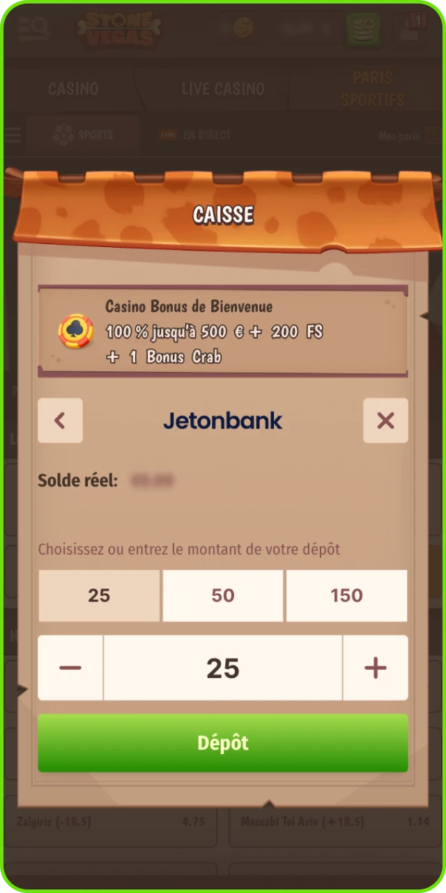 Dépôt sur Stonevegas via carte, virement ou portefeuille en ligne.