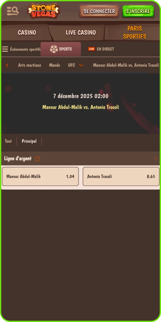 Choix du marché de pari MMA sur Stonevegas comme vainqueur, méthode ou rounds.