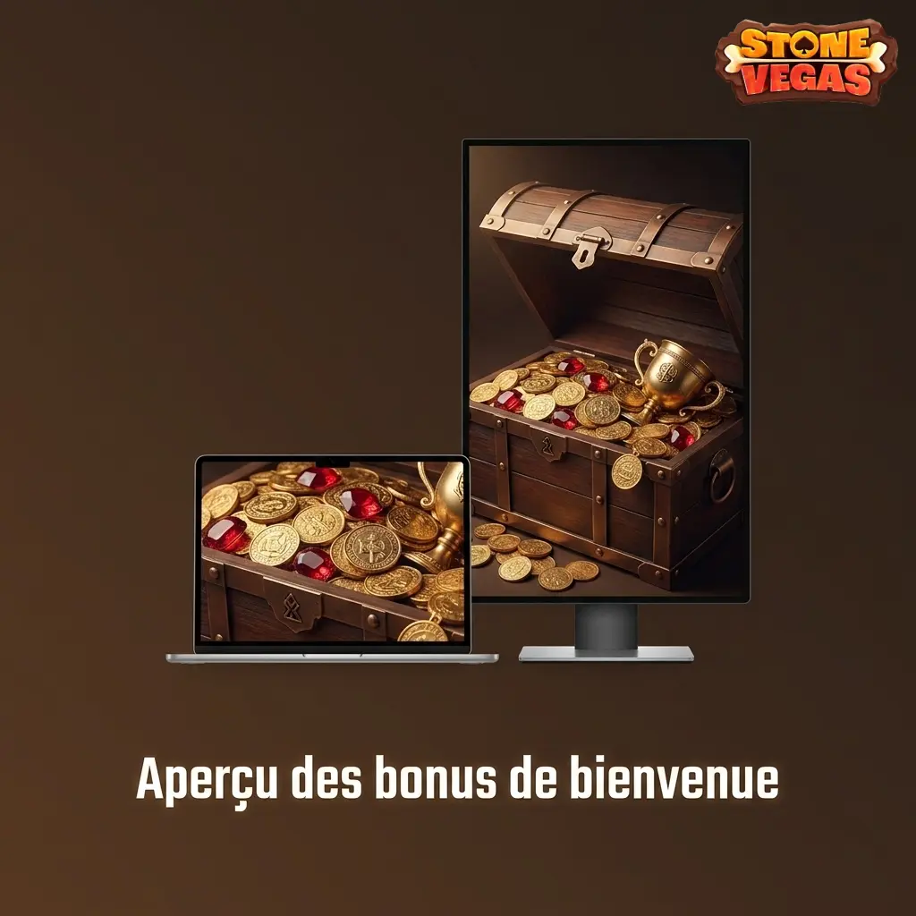 Tableau des bonus de bienvenue Stonevegas : casino 100% jusqu'à 500€, 200 tours gratuits, paris sportifs 100% jusqu'à 100€