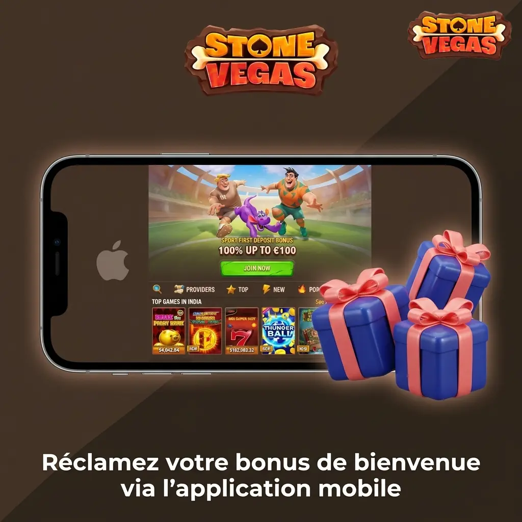 Application mobile Stonevegas sur iOS et Android pour réclamer le bonus de bienvenue casino et paris sportifs